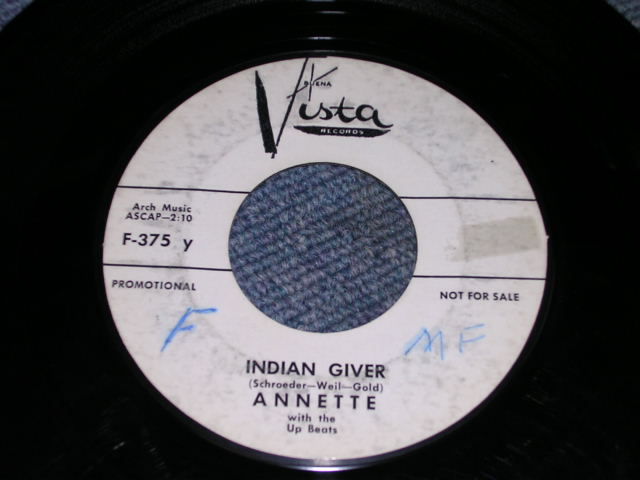画像1: ANNETTE - INDIAN GIVER / 1961 US ORIGINAL White Label Promo 7" SINGLE  