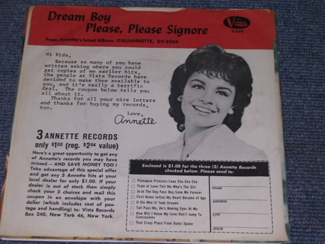 画像: ANNETTE - DREAM BOY / 1961 US ORIGINAL With PICTURE SLEEVE 7" SINGLE  