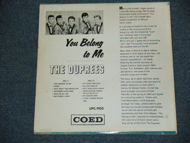 画像: THE DUPREES - YOU BELONG TO ME / 1962 CANADA ORIGINAL Mono LP 