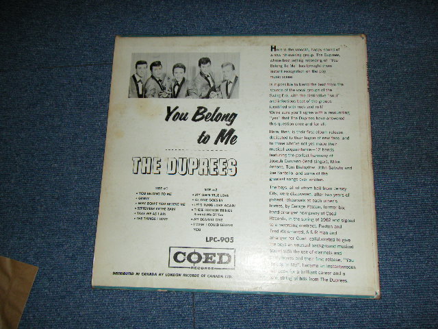 画像: THE DUPREES - YOU BELONG TO ME ( Ex-/Ex+ ) / 1962 CANADA ORIGINAL Mono LP 