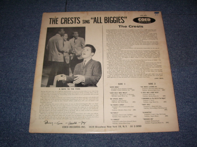 画像: THE CRESTS - SING ALL BIGGIES ( Ex+/Ex++ ) / 1960 US ORIGINAL Rare! "YELLOW LABEL With BLACK PRINT"  MONO Used LP  