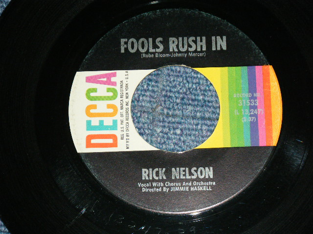画像: RICK ( RICKY NELSON ) - FOOLS RUSH IN / 1963 US ORIGINAL Used 7"SINGLE With PICTURE SLEEVE 