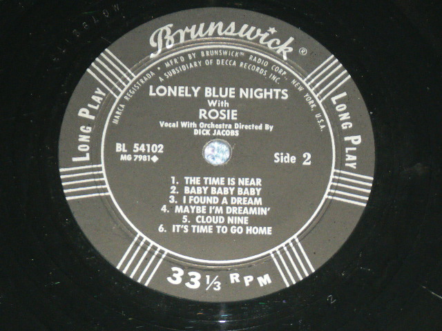 画像: ROSIE - LONELY BLUE NIGHTS with ROSIE (Ex++/Ex+++ A-3,4,5:Ex EDSP) / 1961 US AMERICA ORIGINAL MONO Used LP