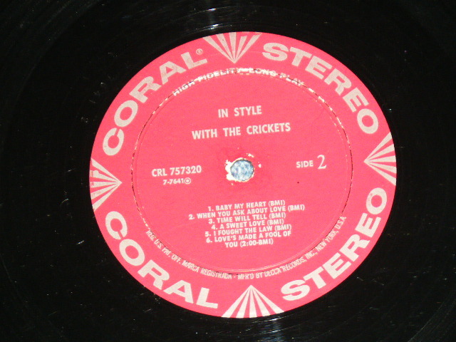 画像: THE CRICKETS - IN STYLE WITH THE CRICKETS included "I FOUGHT THE LAW" ( 2nd Press Label Design, MAROON Color Label, VG+++/Ex+ )  / 1960 US ORIGINAL on CORAL MAROON Label  STEREO Used  LP  