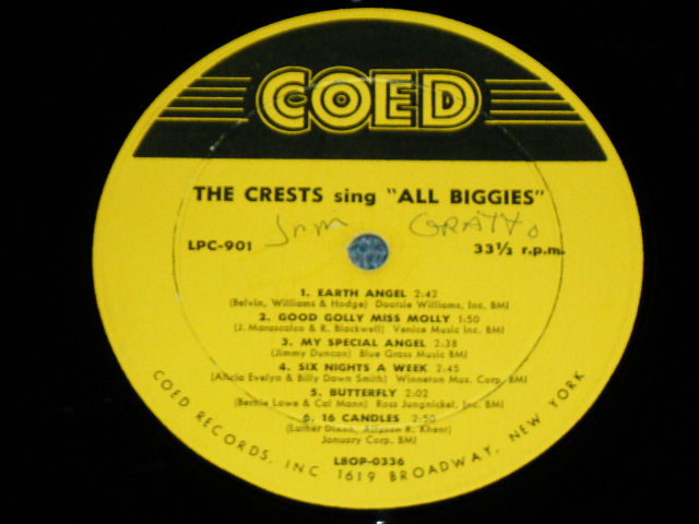 画像: THE CRESTS - SING ALL BIGGIES ( Ex+/Ex++ : A-2,3 Press Miss JUMP) / 1960 US ORIGINAL Rare! "YELLOW LABEL With BLACK PRINT"  MONO Used LP  