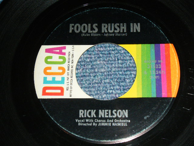画像: RICK ( RICKY NELSON ) - FOOLS RUSH IN ( Ex/Ex++ ) / 1963 US ORIGINAL Used 7"SINGLE With PICTURE SLEEVE 