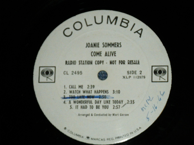 画像: JOANIE SOMMERS -  COME ALIVE ( E+/Ex++ )  / 1966 US AMERICA ORIGINAL "White Label PROMO" MONO Used LP  