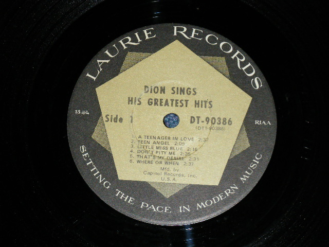 画像: DION - SINGS HIS GREATEST HITS : CAPITOL Record Club Released (Ex++/Ex) /  1967? US AMERICA "Record Club Issued" STEREO  Used LP