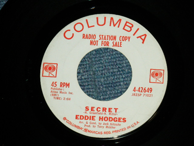 画像: EDDIE HODDGES - RAININ' IN MY HEART / HALFWAY ( TERRY MELCHER Works : Arr. JACK NITZSCHE) ( Ex+/Ex++)  / 1962 US AMERICA  ORIGINAL "WHITE LABEL PROMO" Used 7" SINGLE  