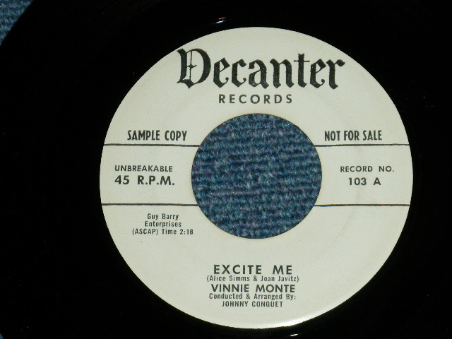 画像1: VINNIE MONTE - EXCITE ME : A FRESHMAN WITH A SENIOR DREAM ( Ex+++/Ex+++ )  /  1959  US AMERICA ORIGINAL "WHITE LABEL PROMO"  Used 7" SINGLE  