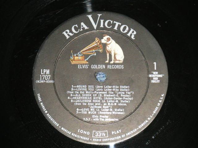 画像: ELVIS PRESLEY -  ELVIS' GOLDEN RECORDS  ( Matrix # H2 WP-8398-6S/H2 WP-8399-6S )( Ex/MINT- : A-1:VG++ ) / 1958 US AMERICA ORIGINAL 1stPress "Light BLUE TITLE on Front Cover"  "SILVER RCA VICTOR logo on Top & Long Play  at BOTTOM" Label   MONO Used LP