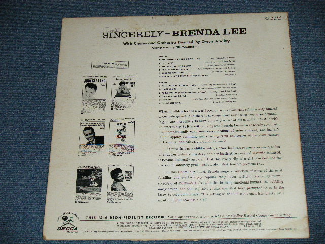 画像: BRENDA LEE -  SINCERELY   ( Ex/Ex++ ) / 1962 US AMERICA ORIGINAL  Used  LP