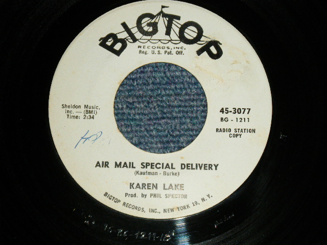 画像1: KAREN LAKE - A) AIR MAILSPECIAL DWLIVERY  B) I'D LIKE TOMISS MY BRADUATION (Ex+++/Ex+++  WOL) / 1961 US AMERICA Original  "WHITE LABEL PROMO" Used 7" Single 