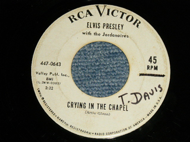 画像1: ELVIS PRESLEY - A) CRYING IN THE CAPEL  B)I BELIEVE IN THE MAN IN THE SKY (Ex/Ex) / 1965 US AMERICA ORIGINAL "WHITE LABEL PROMO" Used 7" Single 